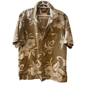 Men's Tan Hibiscus Tropical Hawaiian Button Down Short Sleeve Shirt Large